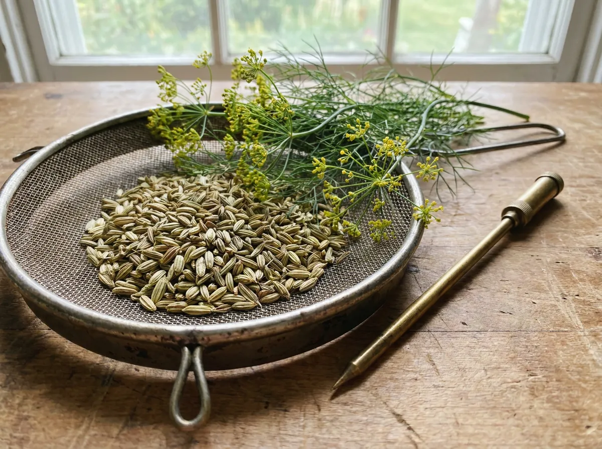 Whole fennel seed with a screen sieve and a moisture meter on a workbench