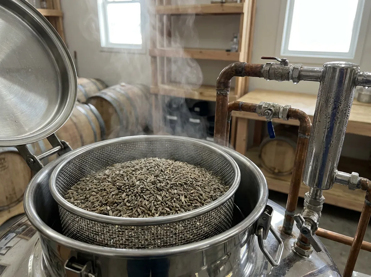 Coarse-cracked fennel seed in an open still with steam beginning to rise